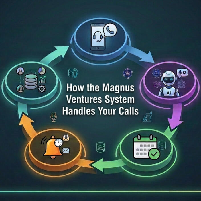 Workflow diagram showing how the Magnus Ventures system answers calls, qualifies leads, and books appointments automatically.